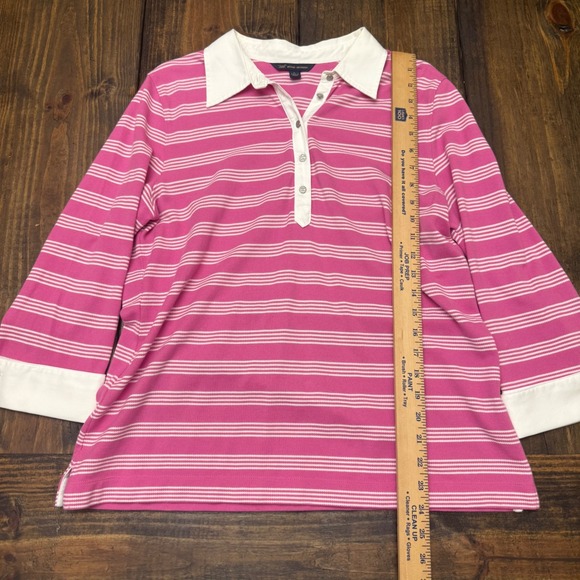 Brooks Brothers 346 Women's Pink Striped 3/4 Sleeve Polo‎ Shirt White Trim L - Picture 3 of 6